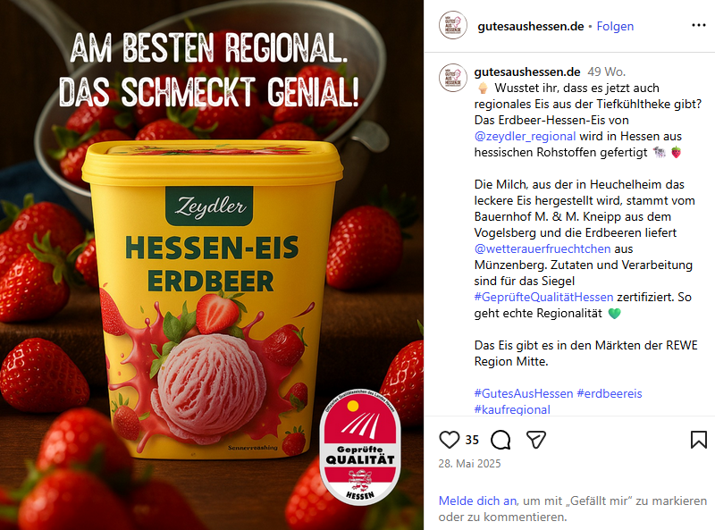 Hessen-Eis Erdbeer im gelben Becher mit Geprüfte Qualität Hessen-Siegel, umgeben von frischen Erdbeeren